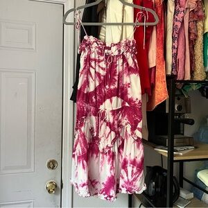 S/W/F magenta white tie dye rayon sleeveless tie waist tiered mini dress